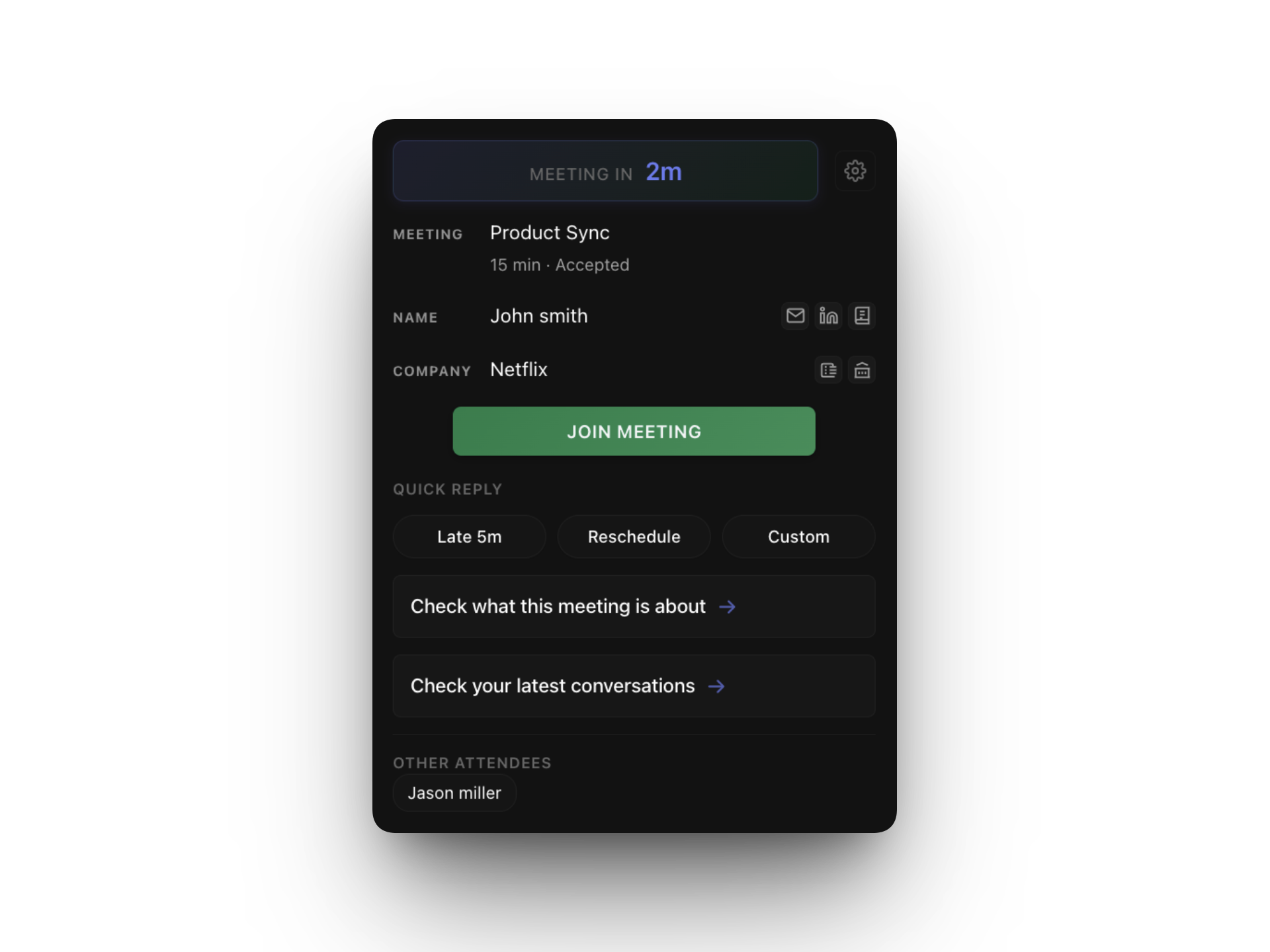 Prepped Chrome extension interface showing meeting preparation context